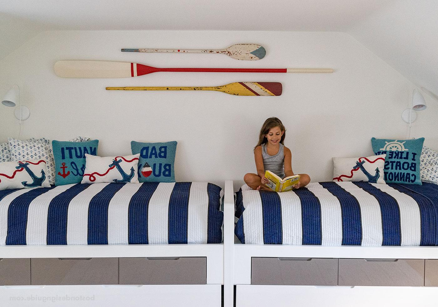 Nautical blue and white children's room designed by Martha's Vineyard Interior Design, architecture by Hutker Architects