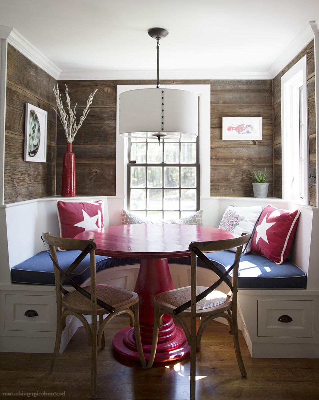 Red, white and blue custom dining nook constructed by brookes + hill custom builders, inc.